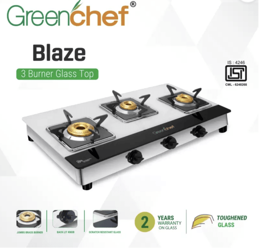 Greenchef Blaze JUMBO Burner Glass Manual Gas Stove  (3 Burners) - Image 2